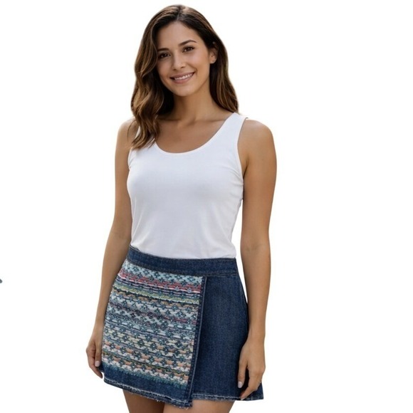 Ramy Brook Denim Wrap Skirt Flap Aztec Woven Panel Boho Sz 10 Bohemian western - Picture 2 of 9
